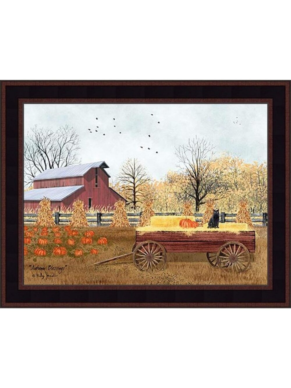 Charming Fall Scene Art Print - Hay Wagon, Pumpkins, Black Cat & Red Barn Decor